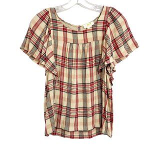 Anthropologie Maeve Priscilla Plaid Flutter Sleeve Top Tan Red - Size Small